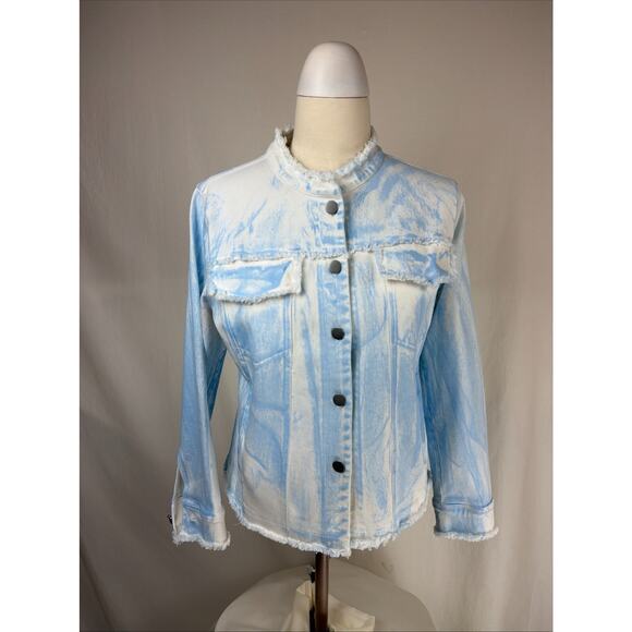 Donna White Jackets & Blazers - NWT Donna White Light Blue/White Raw Edge Seams Demin Jacket SM #0714